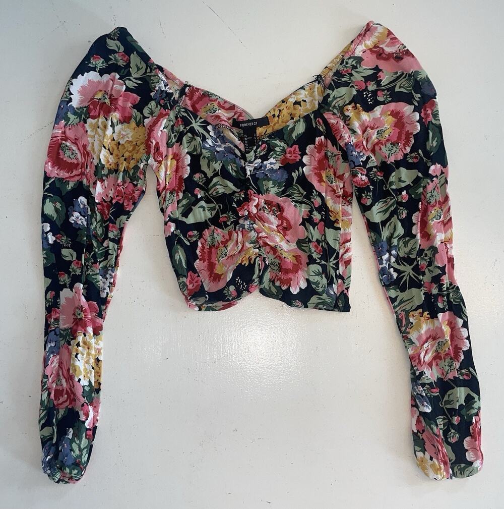 Women’s Forever 21 Floral Blouse Long Sleeve Sweetheart Top Size Small Y2K